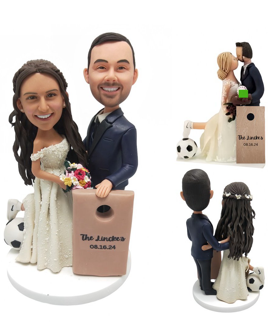 Custom Custom Wedding Cake Toppers Figurines With Soccer Cornhole Board