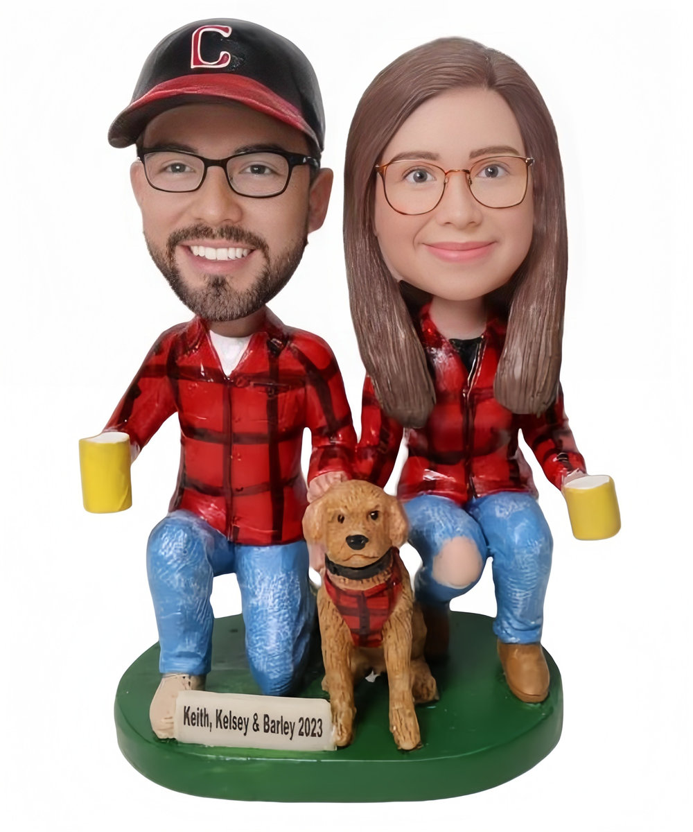 Custom Create Couple Cake Toppers Figurines Couple Drinking Beer With Dog