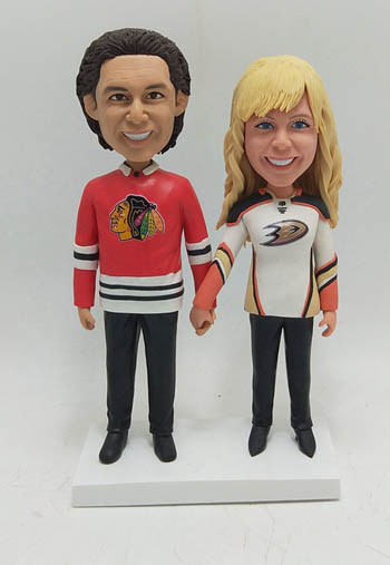 Personalized Wedding Cake Toppers with Chicago Blackhawks and Anaheim Ducks hockey jersey